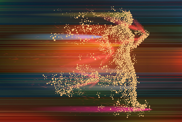 Running woman particle divergent silhouette on dinamic abstract background. Vector illustration